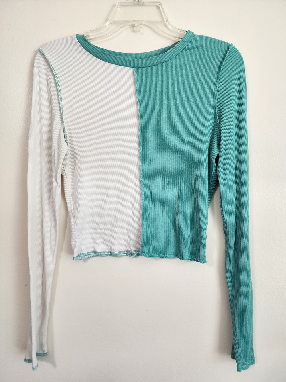 wild fable Teal and White Ribbed Colorblock Long-Sleeve Crop Top